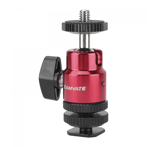 CAMVATE Ball Head Support (Red) With Double End 1/4"-20 Threads + Shoe Mount Adapter With 1/4" Lock Nuts