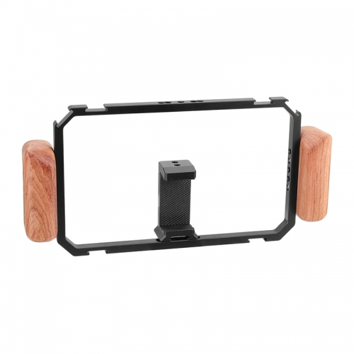 CAMVATE Universal Smartphone Full Cage Kit With Adjustable Phone Clip And Wooden Handgrips And Cold Shoe Mounts